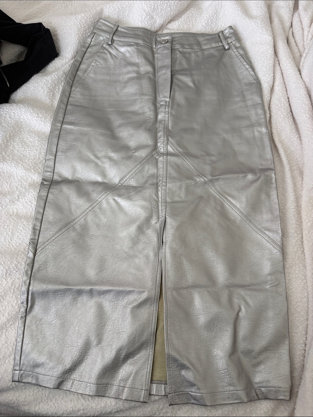 Lumiere Metallic Silver Faux Leather Maxi Skirt
